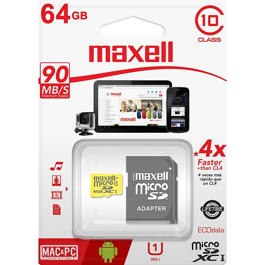 Tarjeta de memoria MicroSDXC 64GB Maxell MCSD-64CL10 Clase 10 con adaptador