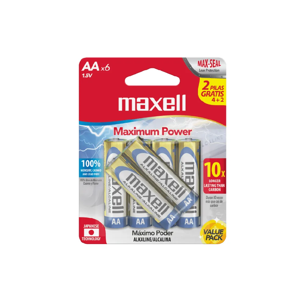 Bateria Alcalina AA Maxell LR06 Paquete de 6 Unidades