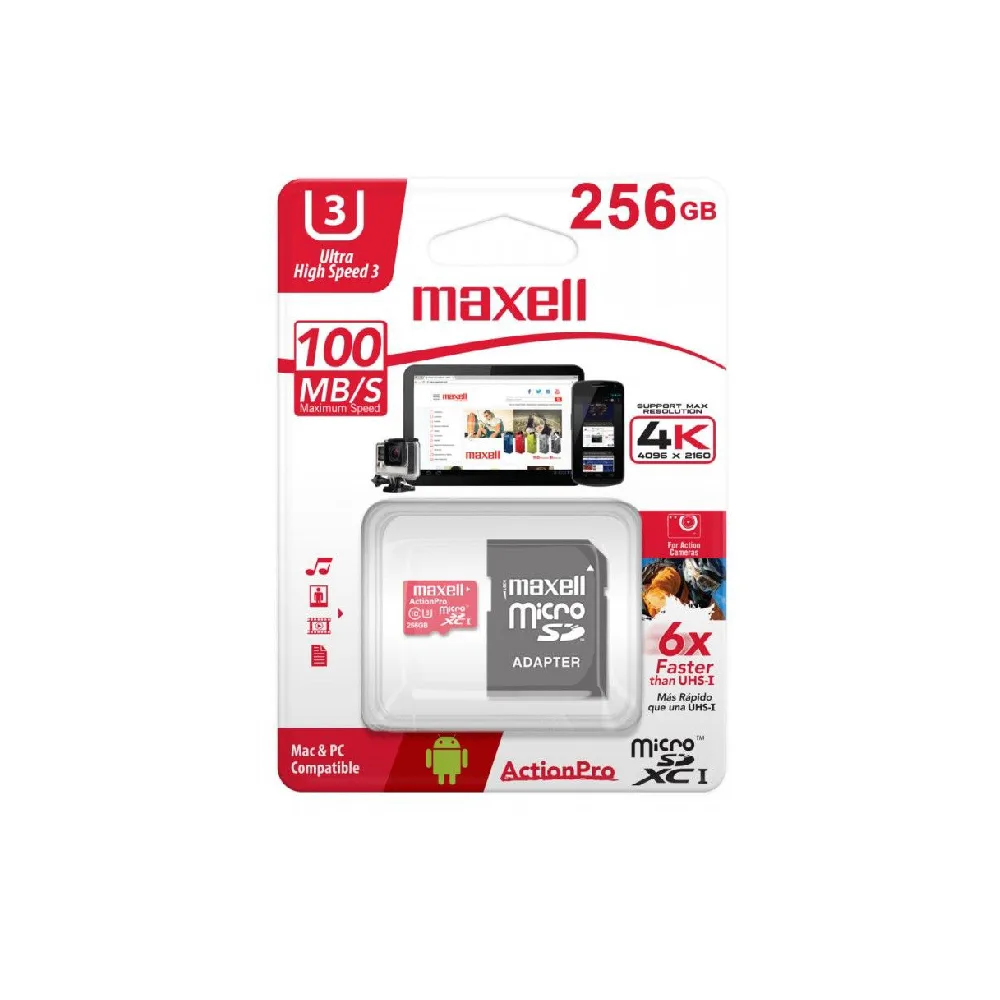 Tarjeta de memoria MicroSDXC Maxell MCSD-256UHS-3 de 256GB con adaptador SD