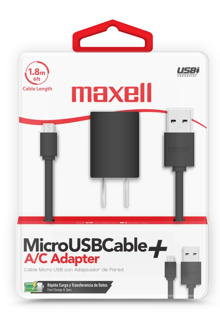 Cable plano Maxell MUSB-600 USB a Micro USB de 1.8m con adaptador de CA negro