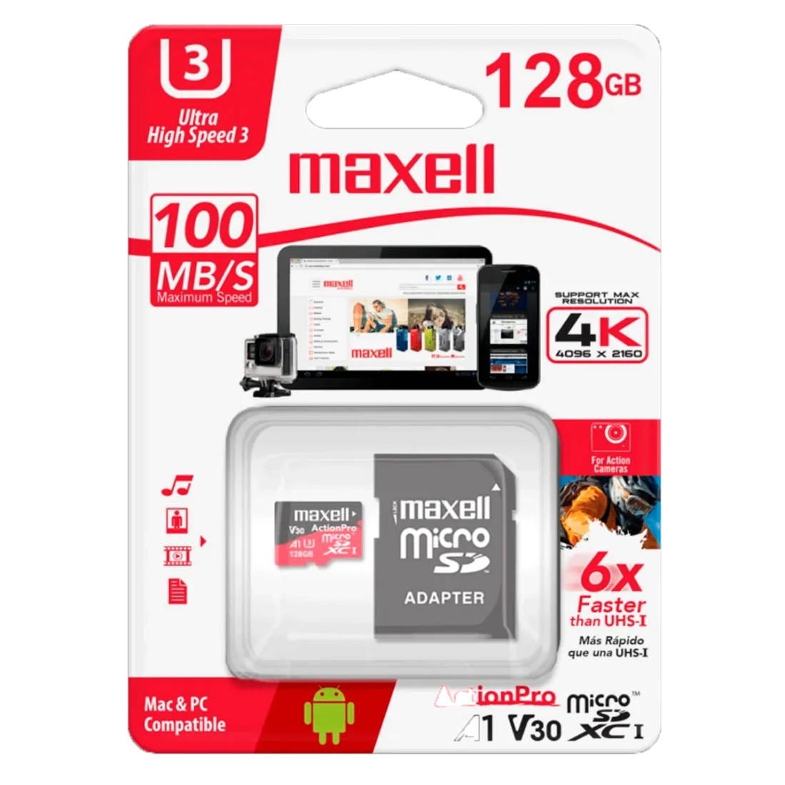 Tarjeta de memoria MicroSDXC 128GB Maxell MCSD-128U3 con adaptador SD