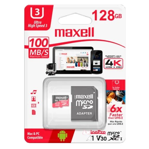 Tarjeta de memoria MicroSDXC 128GB Maxell MCSD-128U3 con adaptador SD